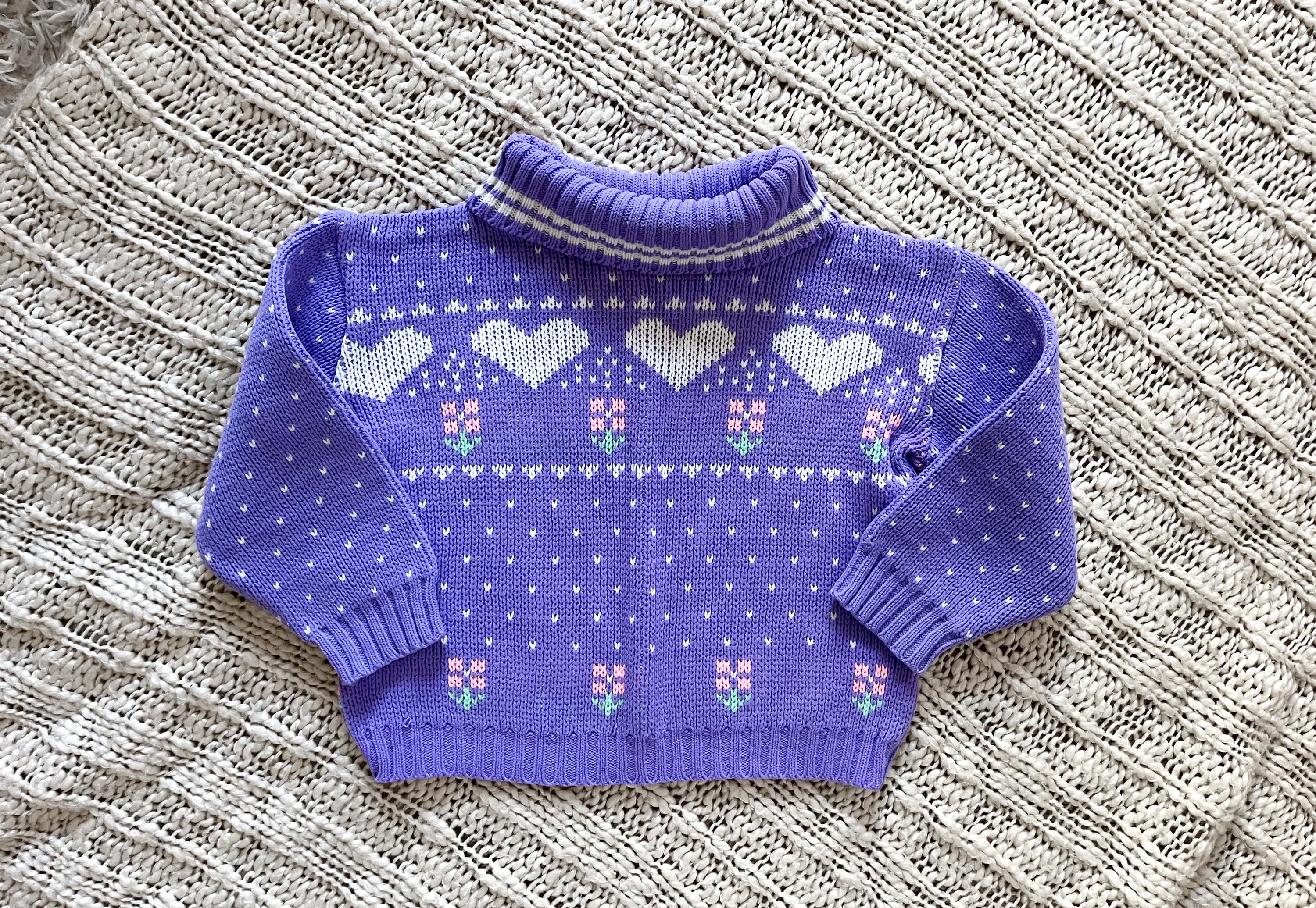 Vintage 80s Purple Pastel Heart and Flower Acrylic Turtleneck Sweater by Babyfair (Size 3T)