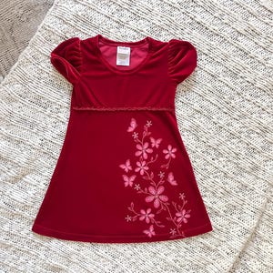 May include: A red velvet dress with short, puffed sleeves and a scoop neckline. The dress features a floral and butterfly design in pink embroidery on the front. A delicate lace trim accents the waist.