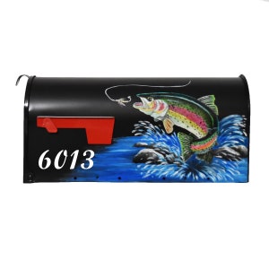 May include: Black mailbox with a red flag and a painted image of a rainbow trout jumping out of the water. The mailbox has the number 6013 on the front.