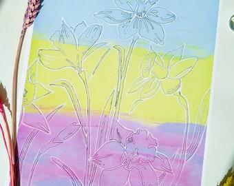 Giclee print of my daffodil original painting with pastel colours and white & black line drawing. Blue, yellow and purple lilac. A4 or A3