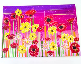 Autumn burst acrylic painting on canvas. Poppies and purple skies. A2