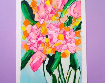 Original art floral abstract painting acrylic A4 flowers in vase pink orange spring happy maximalist colourful foliage green plants bouquet
