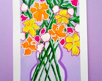 Abstract flower vase painting vivid floral art colourful bouquet wall art home decor bright spring gallery wall gift house A4 original lilac