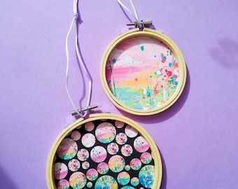 Colourful print inside a wooden embroidery hoop rainbow abstract wall art hanging gallery circle ornament decoration bright gift home pink