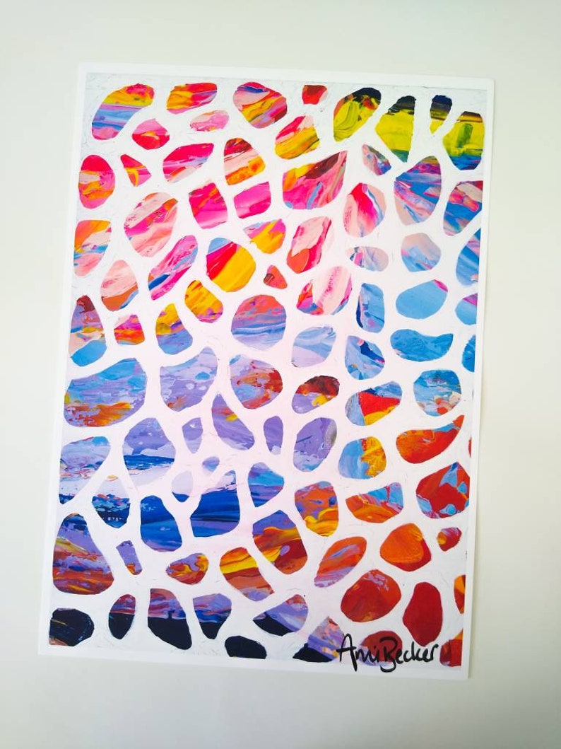 Giclee print of part of my original abstract painting 'family' with colourful blobs and white overlay. Pink orange blue purple yellow. A4 A3 image 1