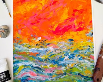 Giclee print of my original painting 'orange and pink seascape ' featuring a choppy rainbow sea. Printed on smooth matte thick paper. A3 A4