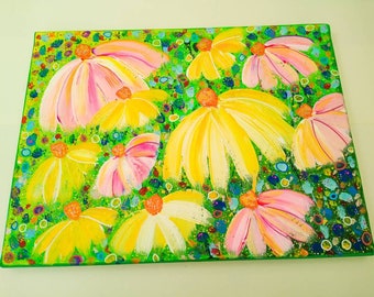 Echinacea cone flower painting on green background. Acrylic on stretched canvas. Yellow & pink flowers. Hand painted.