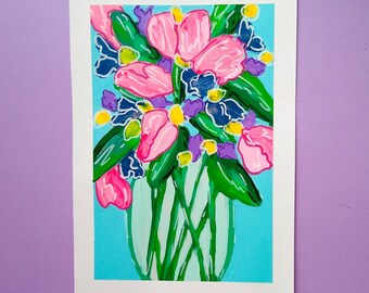 Abstract flower vase painting vivid floral art colourful bouquet wall art home decor bright spring gallery wall gift house A4 original