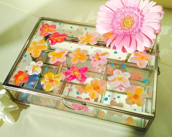 Hand painted, floral, mirrored silver jewellery box. Treasure box/ vintage case