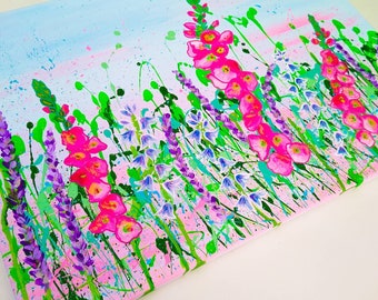 Sussex beauty, bluebells & lavender acrylic floral painting on canvas. A2. Flower meadow art. Wall art. Hand painted.