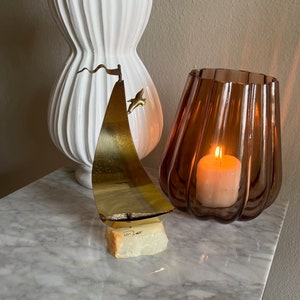 Vintage MCM Brutalist Art, Sculptured Brass & Onyx Sailboat and Bird, Signed By Artist John DeMott
