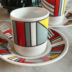 vintage Art Déco Géométrique, Thé & Saucer, Demitasse 12 pièces en porcelaine fine, années 1980