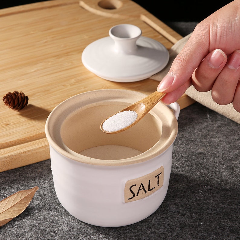 White Ceramic Salt Container With Lid and With Spoon Salt Etsy