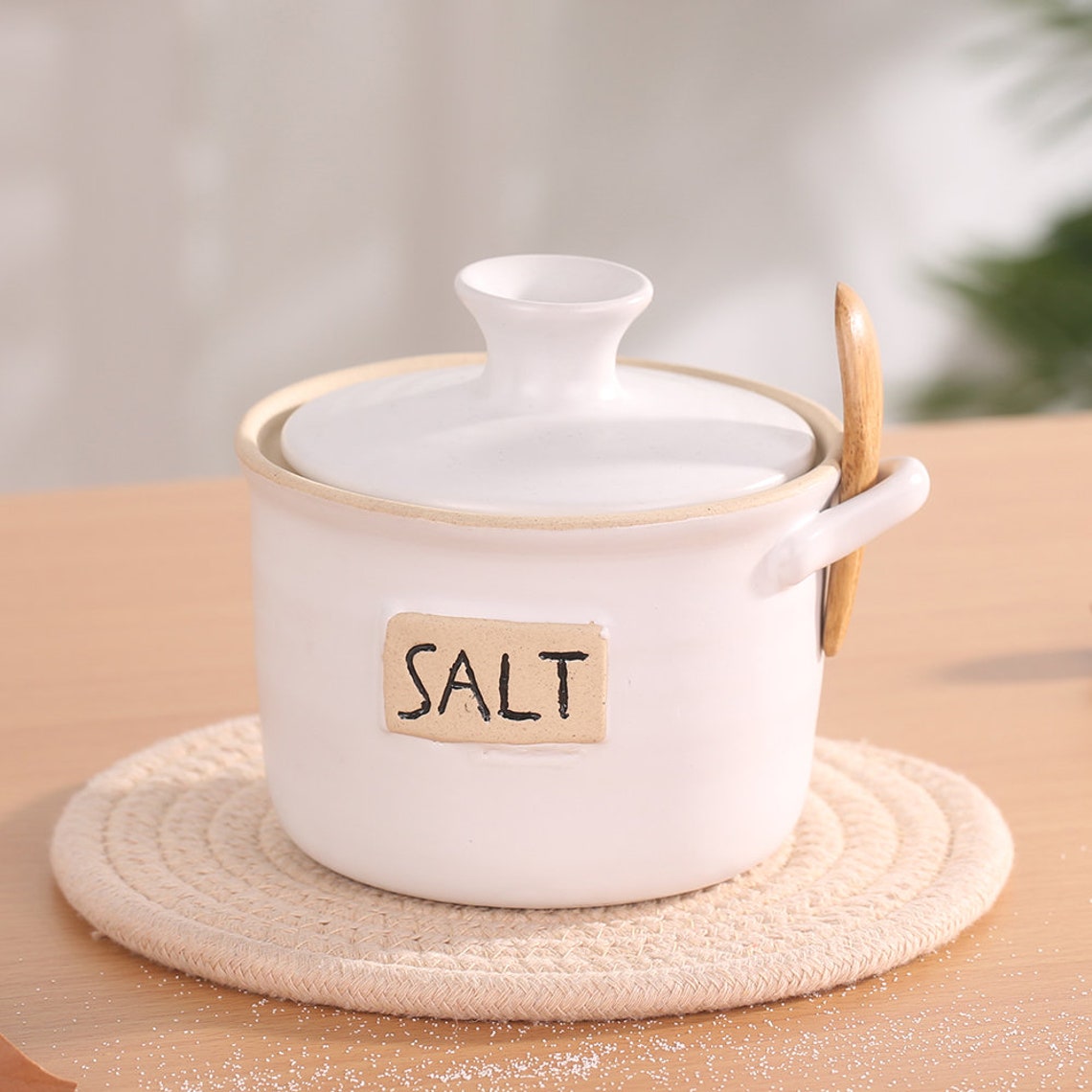 White Ceramic Salt Container With Lid and With Spoon Salt Etsy