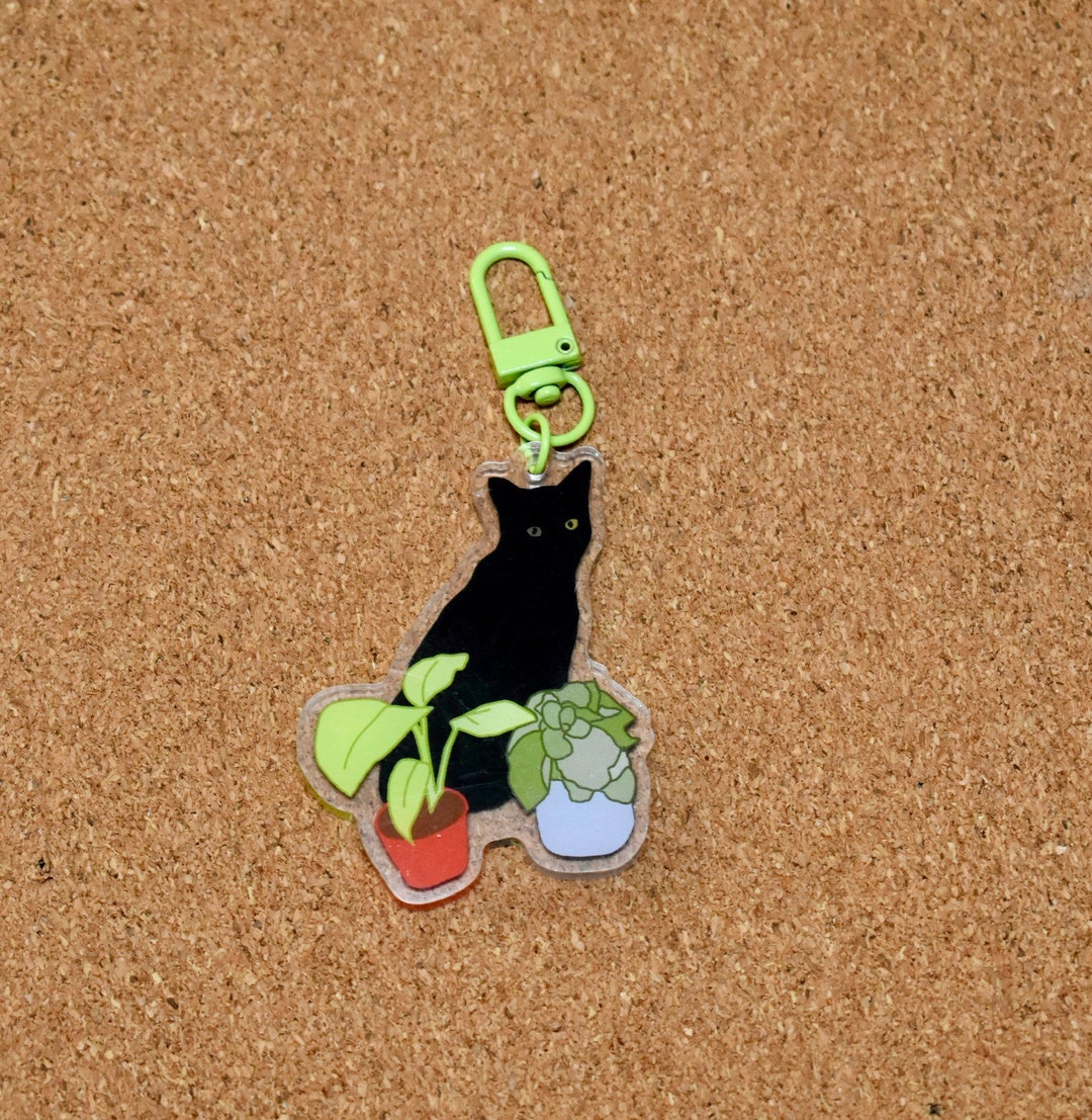 Black Cat Plant Keychain Bean Keychain Acrylic High Quality Gloss Cat black-cat-plant-keychain-bean-keychain-acrylic-high-quality-gloss-cat