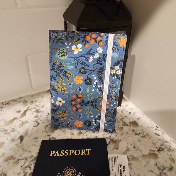 Passport and Vaccination card holder with clear vinyl pocket - Cotton + Steel Rifle Paper Co Bon Voyage Wildwood Cotton - Blue Metallic