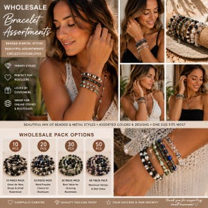 May include: A collection of beaded and metal bracelets featuring various colors and designs, including black, white, green, and blue beads, displayed in wholesale pack options of 10, 20, 30, and 50 pieces with text overlays describing the assortments.