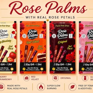 Puede incluir: Cuatro bolsas rectangulares de envoltorios de palma orgánicos Rose Palms en sabores Creamy Strawberry, Red Velvet, Original y Gummy Bear. Cada bolsa muestra dos king rolls, un palito de relleno y texto sobre pétalos de rosa reales.