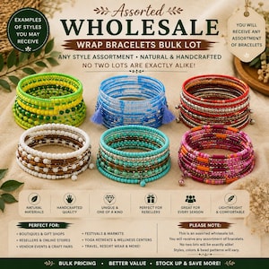Puede incluir: Un lote al por mayor de seis pulseras envolventes de múltiples hilos con varios colores y texturas de cuentas. La colección incluye diseños de cuentas en verde, azul, rojo, blanco, turquesa y rosa, algunos con borlas o detalles metálicos.