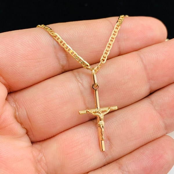 Cross Necklace • Kids Cross Chain • Gold Filled Cross Pendant • Children's Cross Necklace • Dainty Cross Pendant with Mariner Chain