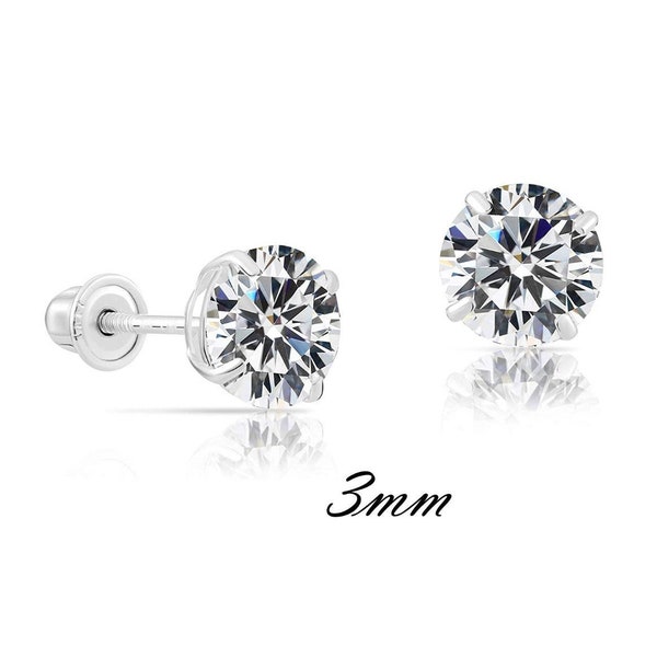 Aretes de Oro 10K Blanco Mujer y Hombre / Everyday Earrings 3mm Stud Round Screw Back 10K White Gold Solitaire Earrings Womens Mens Aretes