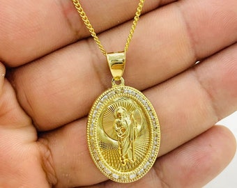 San Judas Tadeo Necklace Charm Pendant for Women Mens 28x20mm/ Curb Link Chain 20"/Catholic Saint Jude Medal Gifts/Cadenita de San Judas Oro