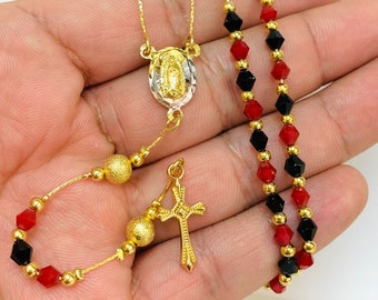 Virgin of Guadalupe Rosary 24" • Gold Filled Rosary • Black Red Beads Rosary • Rosary for Womens • Catholics Jewelry • Rosario de Guadalupe