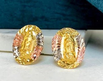 Virgen de Guadalupe Earrings Push Back with Diamond Cut 13x10 Aretes de la Virgen de Guadalupe De Tres Oros / Tri Color Stud Earrings