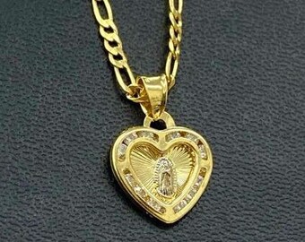 Newborn Baby Girls Boys Virgen de Guadalupe CZ Heart Necklace Pendant Figaro Chain/14K Gold Filled Charm Catholics Gift/Cadena Corazon 15x13