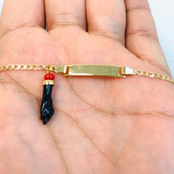 Baby ID Bracelet / Azabache Baby Bracelet 5.5" / Cuban Link Bracelet/ 14K Gold Filled Baby Bracelet / Baby Jewelry/ Pulsera Azabache de Nino