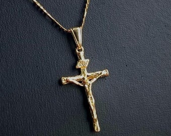 14K Gold Filled Cross Necklace 33x18mm / Figaro Link Chain 20" / Cadena y Dije de Cruz Para Hombre / Men's Cross Pendant / Everyday Necklace
