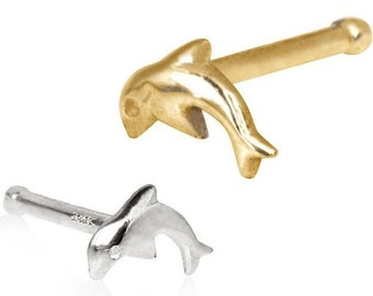 Nose Ring Stud Dolphin 14K Solid Yellow & White Gold Nose Ring/ Dolphin Nose Ring Piercing/ Aretes de la Nariz de Delfin / Gold Body Jewelry