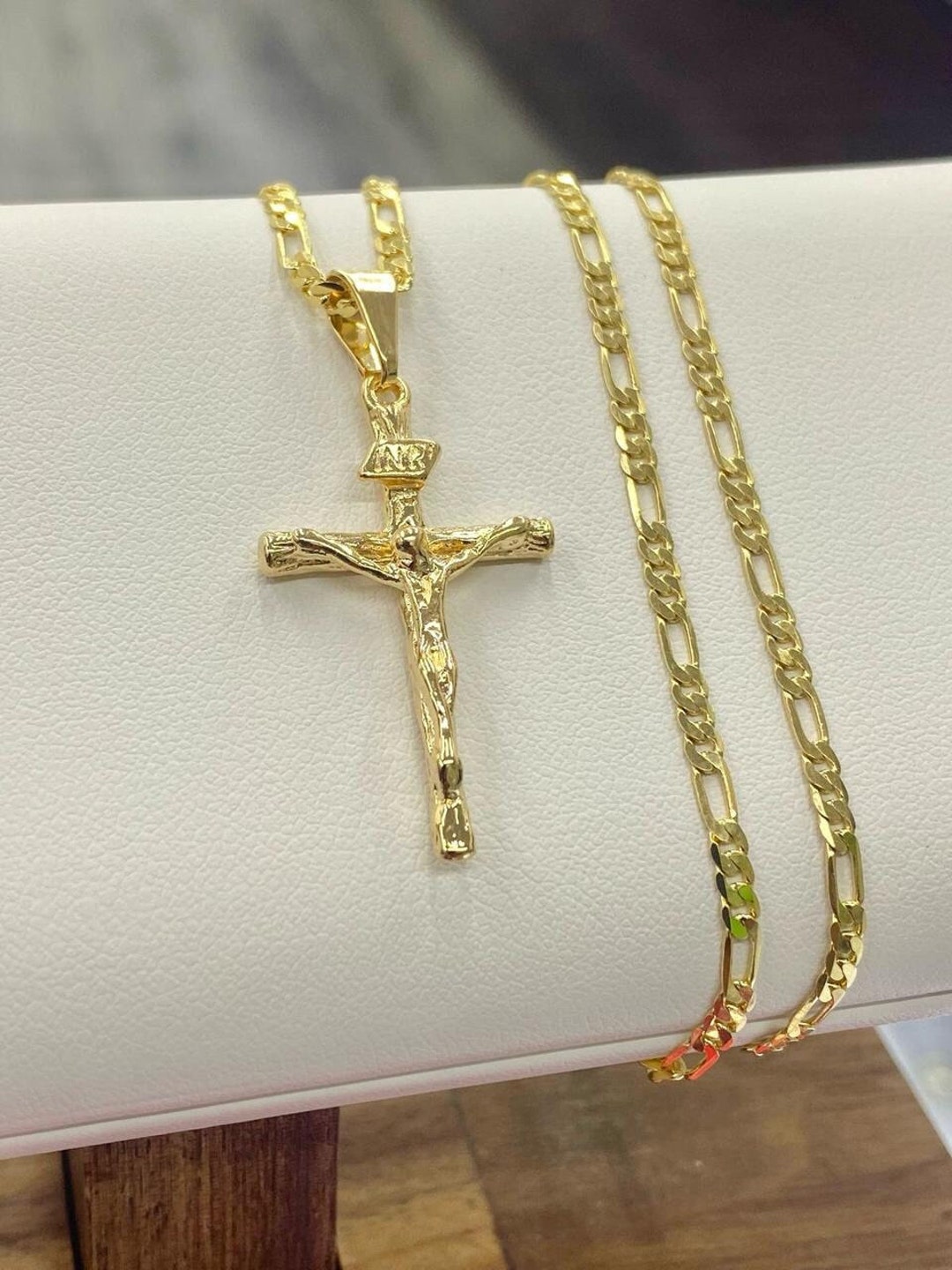 thumbnail image 2 of Rustic Cross Necklace – 14K Yellow Gold Filled Figaro Chain, 24 Inch Religious Pendant 2 of 6