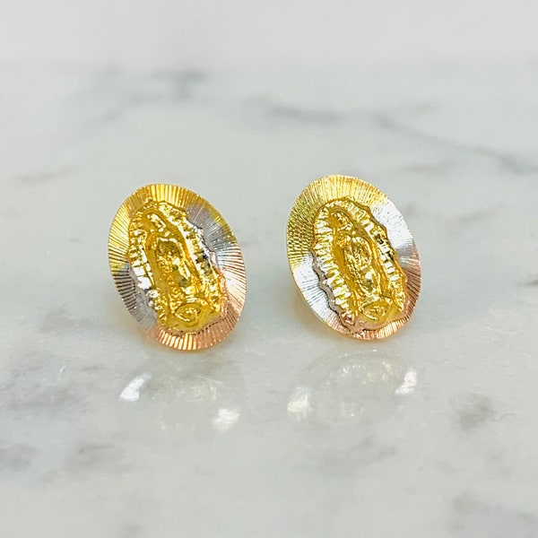 Aretes de la Virgencita de Guadalupe en Tres Oros Para Niñas o Mujer / Regalos de Navidad / Gold Earrings for Kids / Studs Earrings New