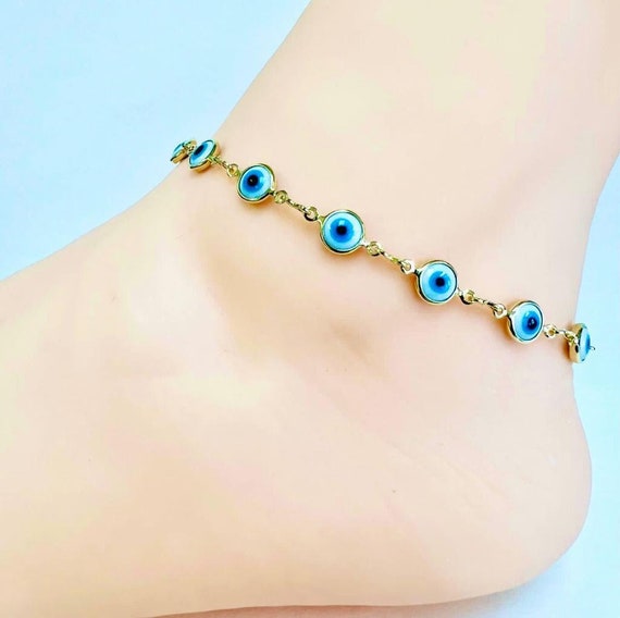 Light Blue Evil Eye Anklet Bracelet for Womens in Gold Filled