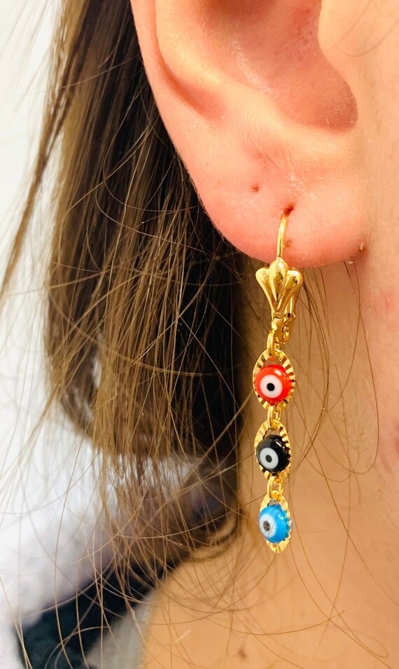 14K Gold Filled Evil Eye Earrings Lever Back / Womens Earrings