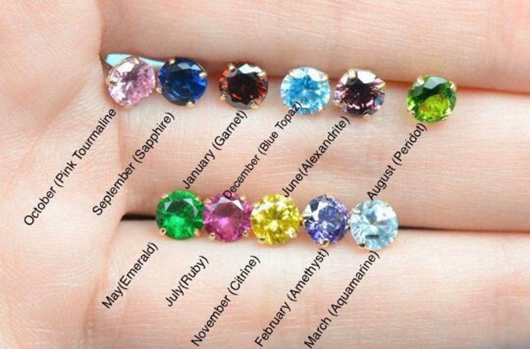 Screw Back Birthstone Earrings in 14K Yellow Solid Gold / Dainty CZ Gold Earrings for Mens