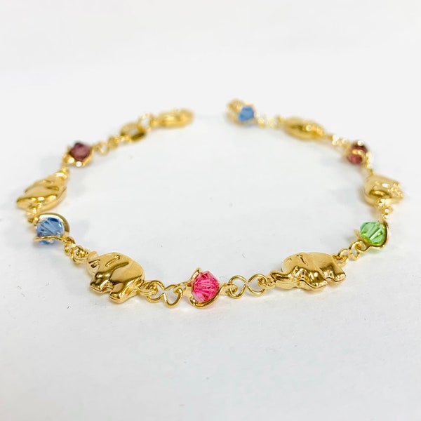 14k Gold Filled Rainbow Stone Elephant Bracelet Good Luck & Protection Jewelry 7.5"/Womens Everyday Bracelet/Dainty Jewelry/Pulsera Elefante