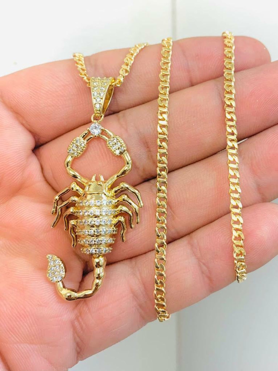 18K Yellow Gold Filled Scorpion Necklace Pendant Cuban Chain 20
