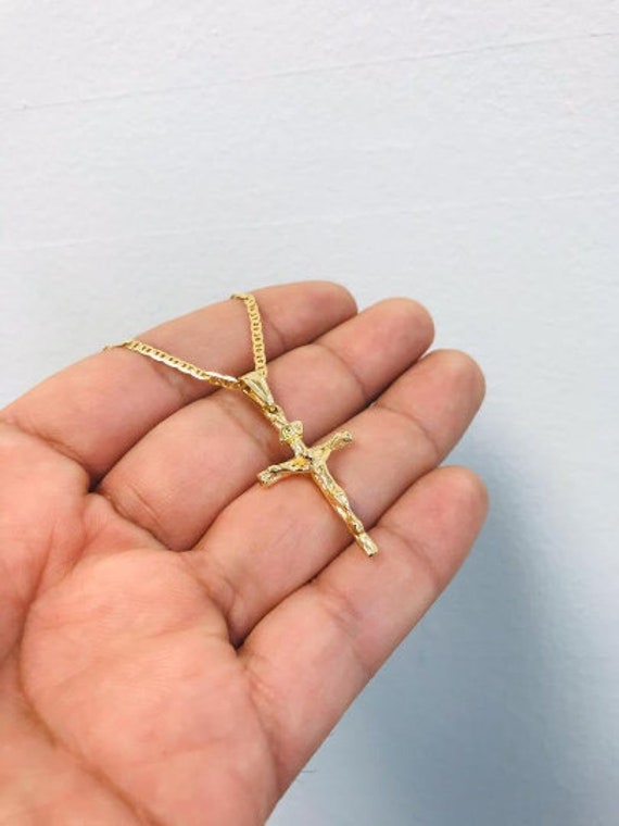 14K Gold Filled Cross Necklace for Men's 20 - Crucifix Pendant 33x18mm - Cross Pendant - Cadena Y Dije de Cruz - Mariner Link Chain 20