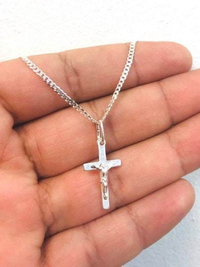 Italian Sterling Silver Cross Pendant Necklace Cuban Curb Chain