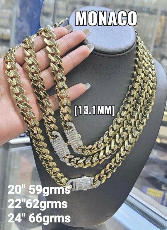 Monaco Miami Link Chain Necklace 14K Solid Gold 13.1mm Mens Womens CZ Monaco Chain Necklace Cadena Monaco en Oro Solido 20