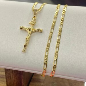 14K Yellow Gold Filled Rustic Cross Necklace for Men Boys Figaro Chain