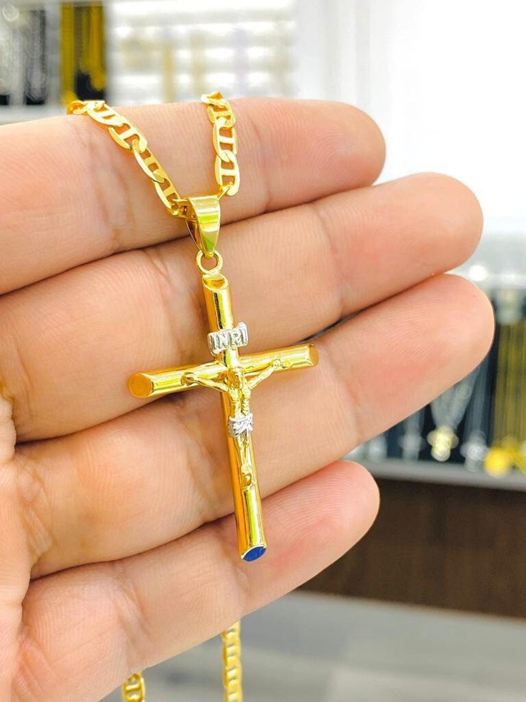 Solid Gold Filled 14K Two Tone Cross Necklace, Crucifix Pendant, Classic Cross for Mens, Mariner