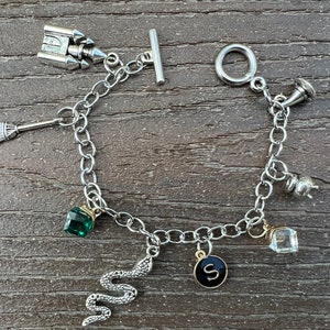 May include: A silver charm bracelet with various charms, including a castle, a broom, a snake, a crystal, and a letter 'S'.