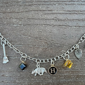 Könnte beinhalten: Ein silbernes Armband mit verschiedenen Charms, darunter ein Schloss, ein Besen, ein schwarzer Kristall, ein Bär, ein Kreis mit dem Buchstaben "H", ein gelber Kristall, eine Eule und ein Hexenhut.