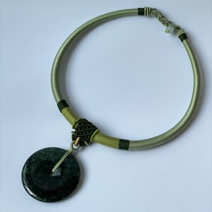 Natural jadeite Big Donut Dark Green pendant with handmade Rope necklace /Authentic Natural Myanmar jadeite Grade A Jade adjustable necklace