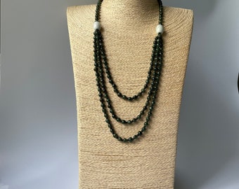 Natural Myanmar Jadeite Bead Necklace, Opaque Dark Green Jewelry