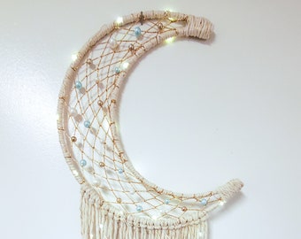Natural Cream, Blue and Gold Crescent Moon Wall Hanging w/ Twinkle Lights, Macrame Moon Decor, Boho Bedroom Decorations