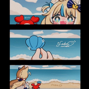 May include: A three-panel illustration depicts a beach scene with a cartoon character with cat ears and a crab. The first panel shows the character peeking over a ledge. The second panel shows a hand holding a blue seashell. The third panel shows the character looking at a crab.